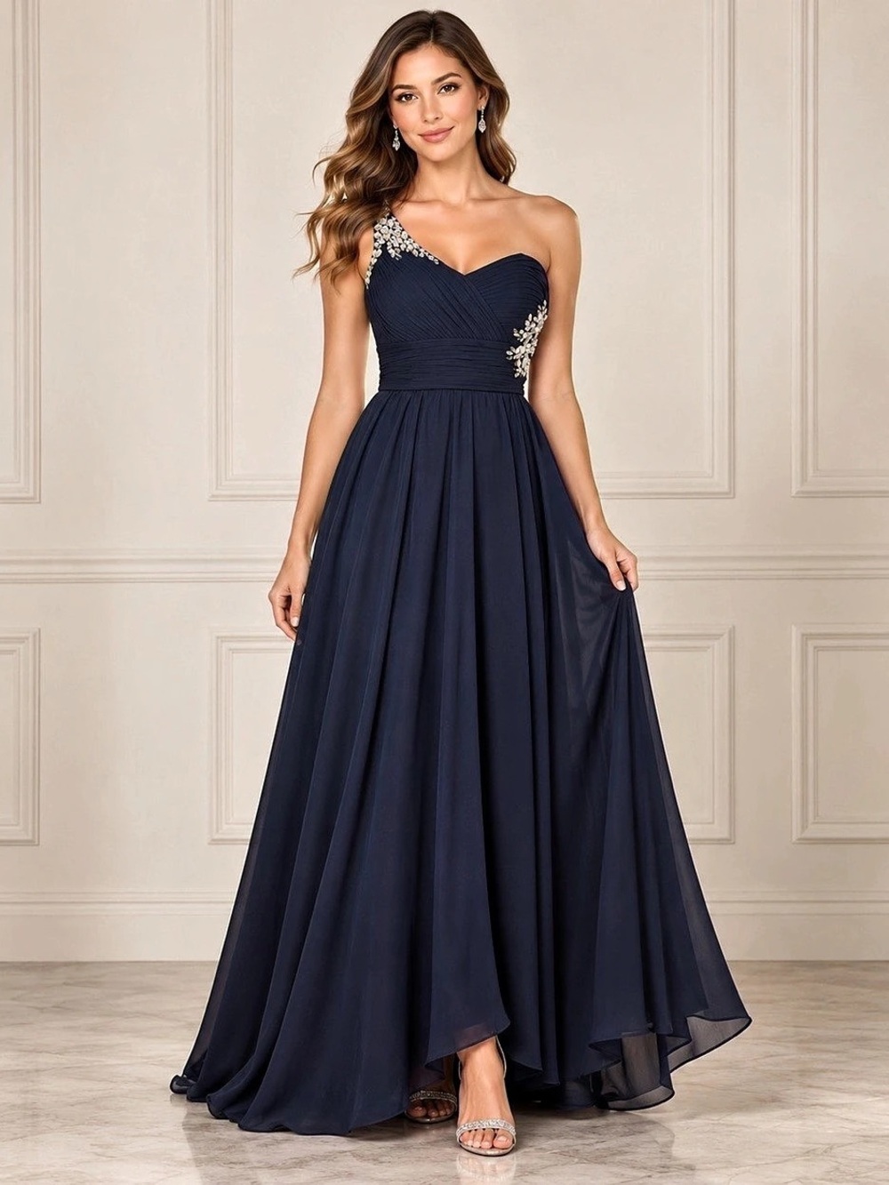 XSCAPE Joanna Chen Navy Jeweled One Shoulder Open Back Formal Gown 2P Petite